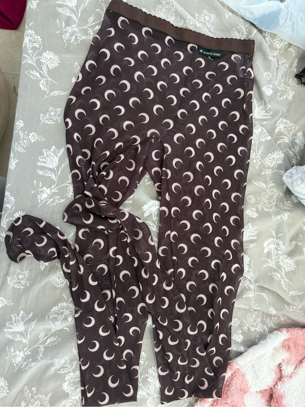 Marine Serre Brown Moon-Print Cropped Long Sleeve Top and matching sheer pants - Picture 6 of 11